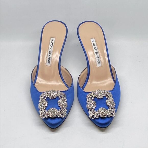 Manolo Blahnik Satin Blue Mules with Crystal Accent - Picture 3 of 13